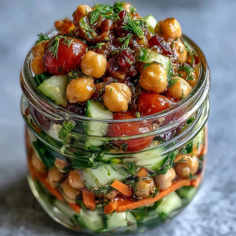 Freshly made Citrus Herb Chickpea Cucumber Salad Jars with crisp cucumbers, juicy tomatoes, and bright herbs layered for a healthy lunch.  