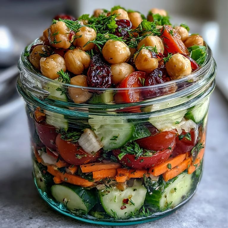 Protein-rich Citrus Herb Chickpea Cucumber Salad Jars showcasing colorful veggies and fragrant herbs, perfect for make-ahead Mediterranean-inspired meals.