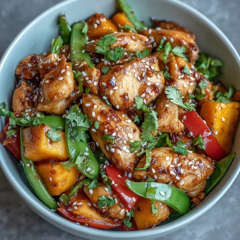 Aromatic stir-fried chicken with juicy mango, crisp snap peas, and bell peppers, all infused with fragrant turmeric and fresh herbs.