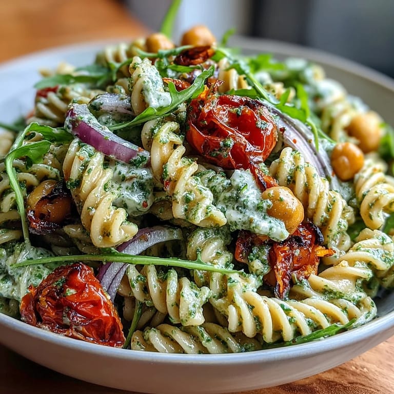 Creamy chickpea pasta salad tossed in a dairy-free basil pesto, topped with peppery arugula and fresh veggies for a refreshing meal.