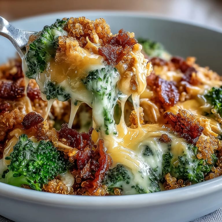 Golden-baked broccoli quinoa casserole featuring fluffy quinoa, shredded chicken, and melty cheese, ideal for healthy family dinners.
