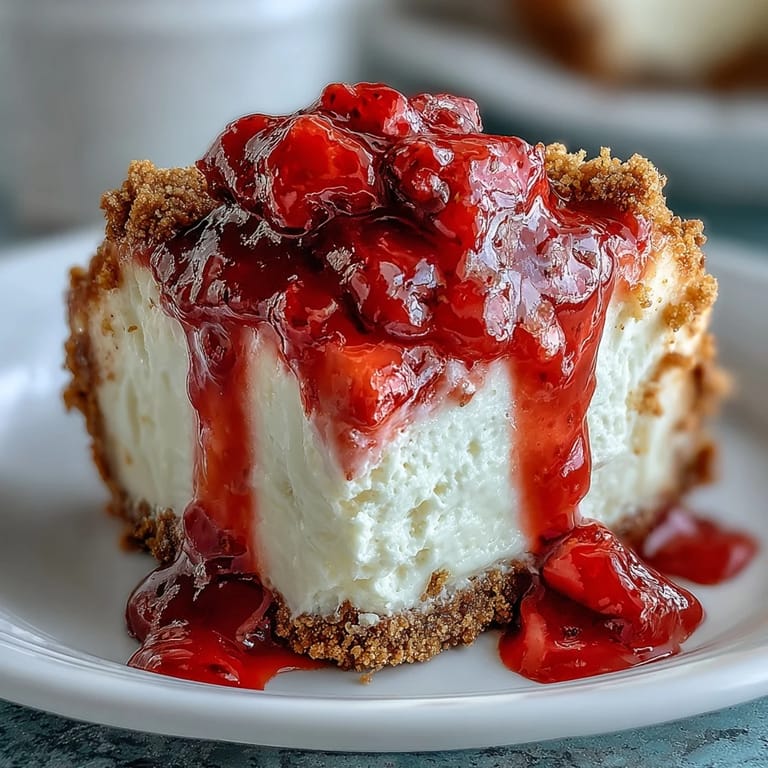 Creamy strawberry cheesecake bites with graham cracker crust, baked in a muffin tin and drizzled with homemade strawberry sauce.