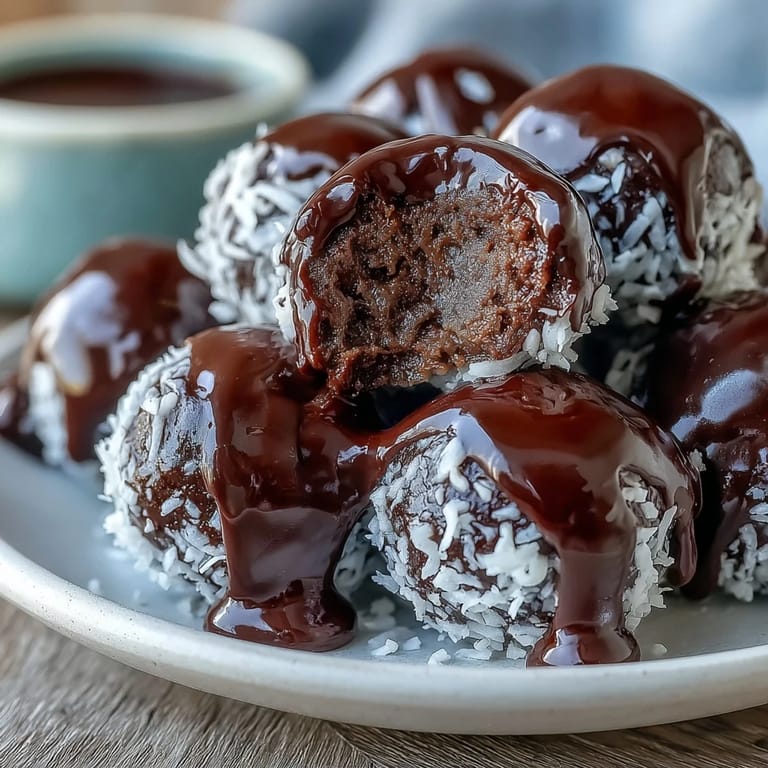 Hand holding a healthy chocolate coconut bite, revealing the smooth chocolate shell and moist coconut center against a bright kitchen backdrop.