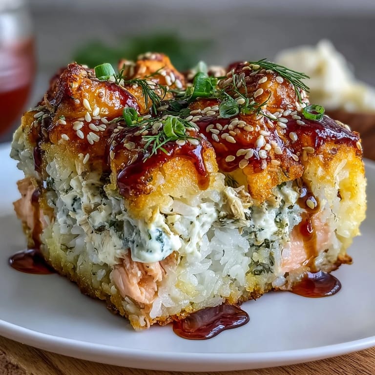 Savory salmon sushi bake casserole with seasoned rice, cream cheese, and crab, finished with a drizzle of spicy mayo.