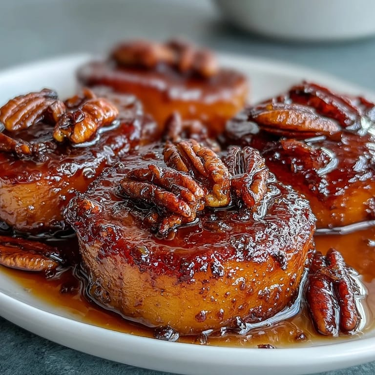 Rich candied yams glazed with brown sugar and maple, finished with toasted pecans for a festive, vegetarian-friendly side.