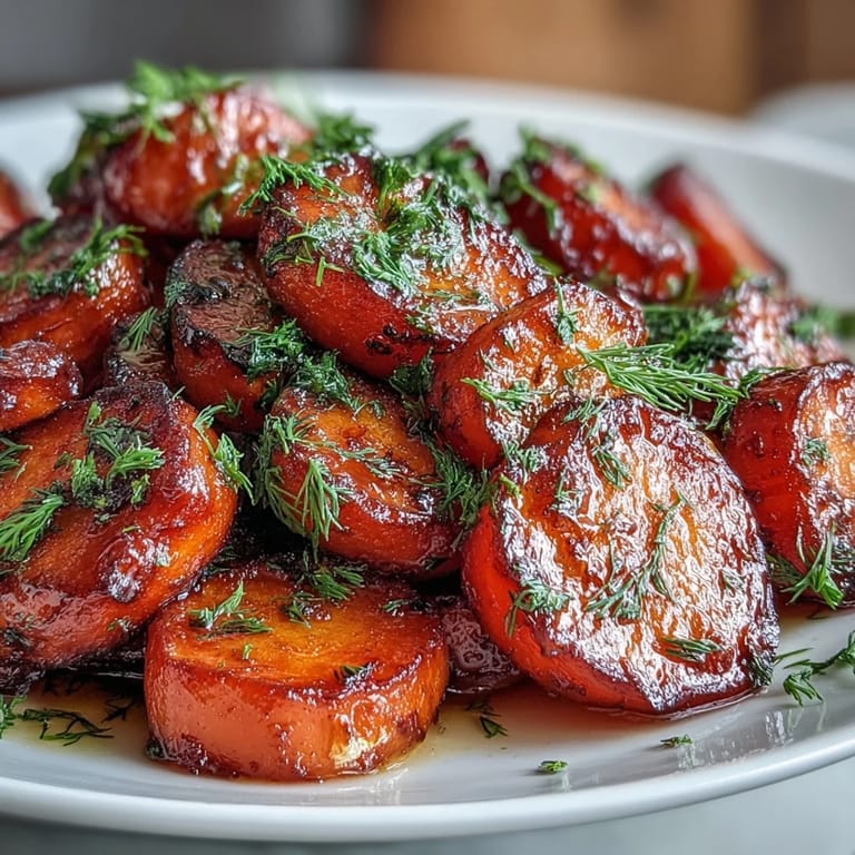 Tender carrot rounds coated in sweet orange honey glaze, finished with aromatic dill for a vibrant presentation.