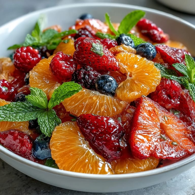 Colorful spring fruit salad featuring oranges, grapefruit, and mixed berries, lightly sweetened with honey and fresh mint.  