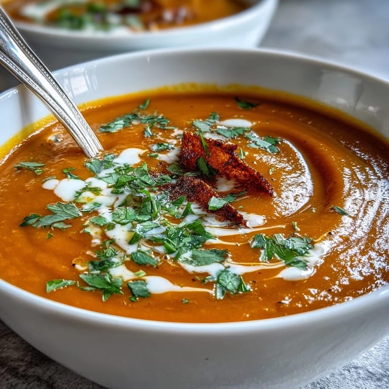 Silky carrot and orange soup with warming ginger, coconut milk, and aromatic spices, served in a white bowl.