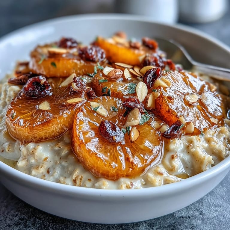 Creamy oatmeal infused with vanilla, garnished with sweet candied orange, tart cranberries, and toasted almonds for a nourishing breakfast.