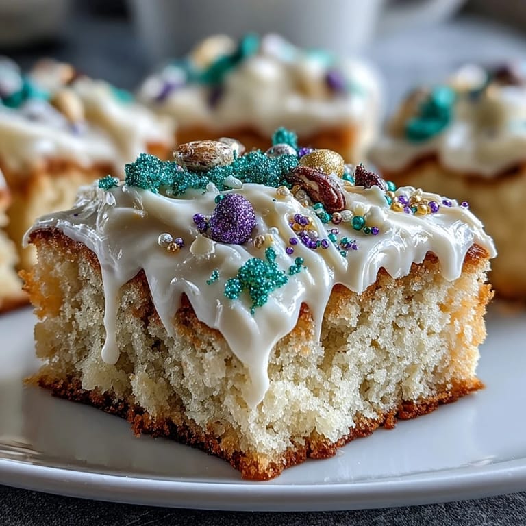 Colorful King Cake sugar cookie bars topped with vanilla icing and festive sanding sugar, perfect for parties.  