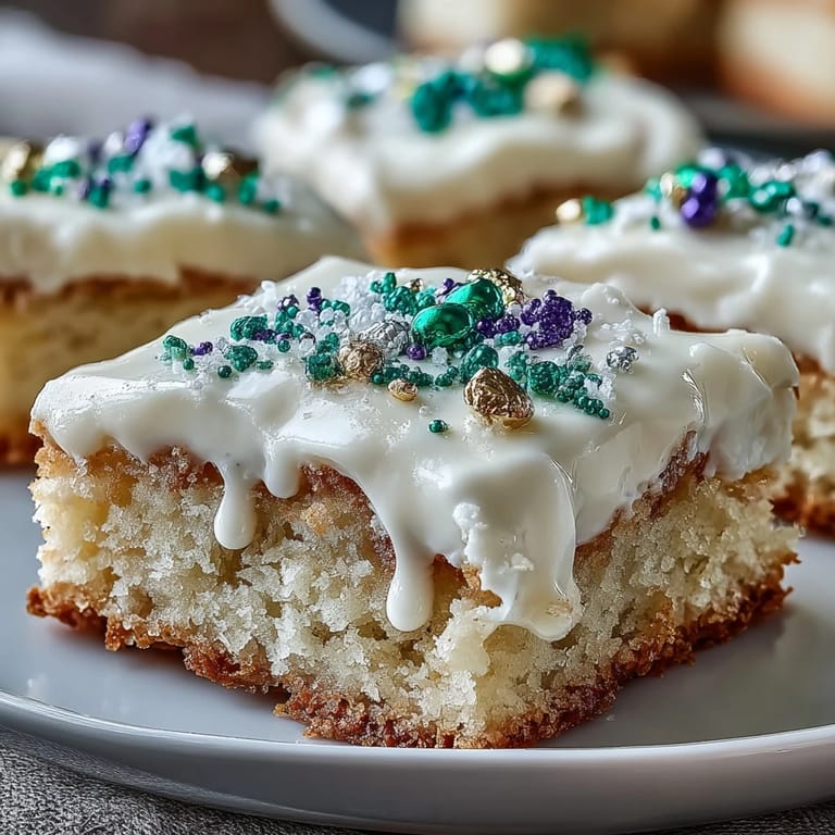Delicious King Cake sugar cookie bars featuring cinnamon and lemon zest, decorated for a vibrant dessert spread.