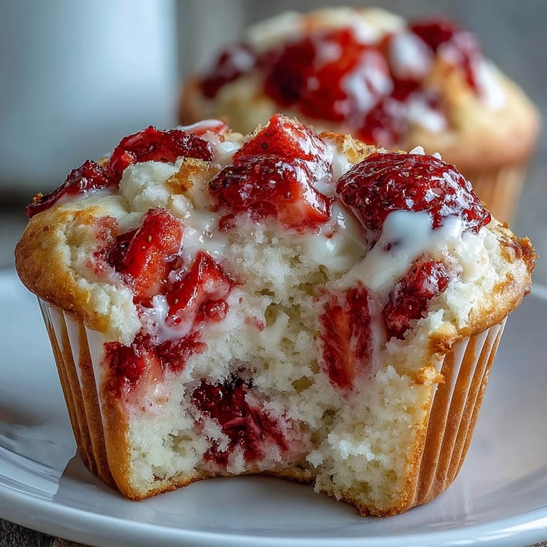 Homemade strawberry muffins bursting with fresh fruit, creamy yogurt, and a tender crumb—delicious warm from the oven.