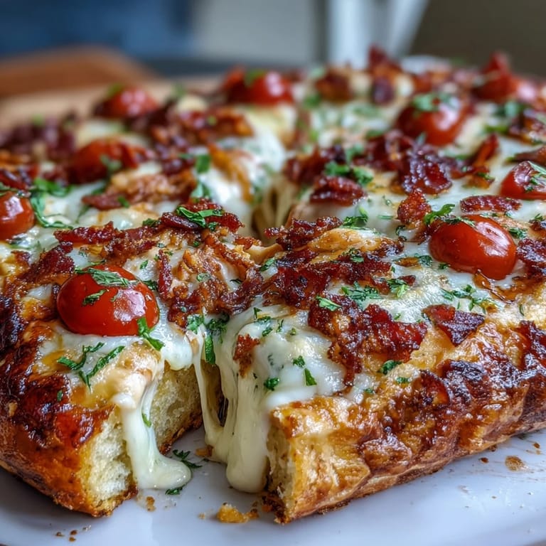 Gourmet Kentucky Derby Hot Brown Flatbread Pizza topped with Mornay sauce, turkey, bacon, and melted cheese for a Derby Day feast.