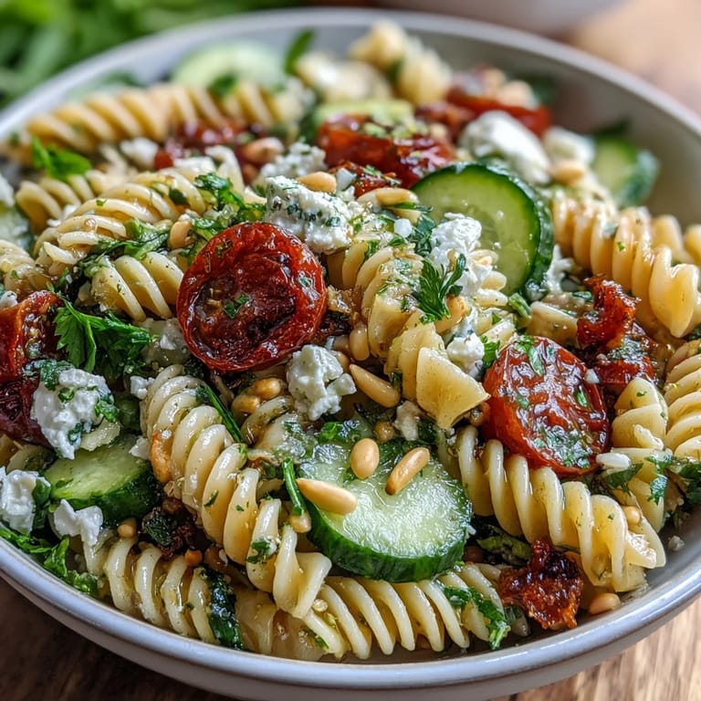 Bright and refreshing Lemon Vinaigrette Pasta Salad with Cucumbers and Cherry Tomatoes, perfect for summer picnics or light lunches.