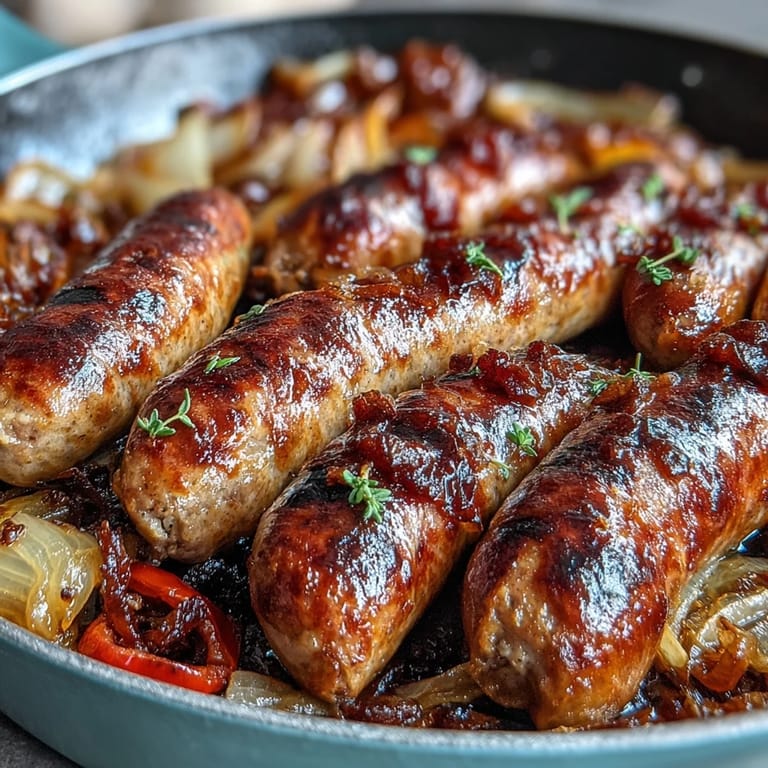Juicy sausages paired with roasted red, yellow, and green peppers, seasoned with herbs for a flavorful one-pan meal.