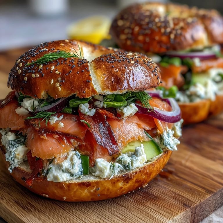 Elegant smoked salmon and bagel charcuterie board with cream cheese, red onion, avocado, and lemon wedges, perfect for entertaining.