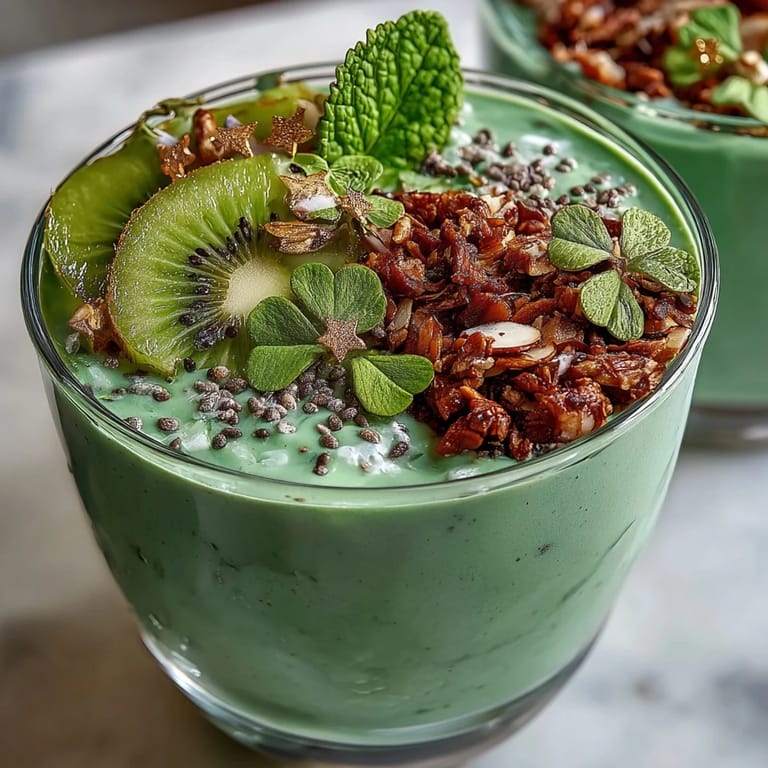Creamy St. Patrick's Day green smoothie bowl with spinach, avocado, and vanilla protein, garnished with mint leaves and coconut flakes for a nutritious treat.