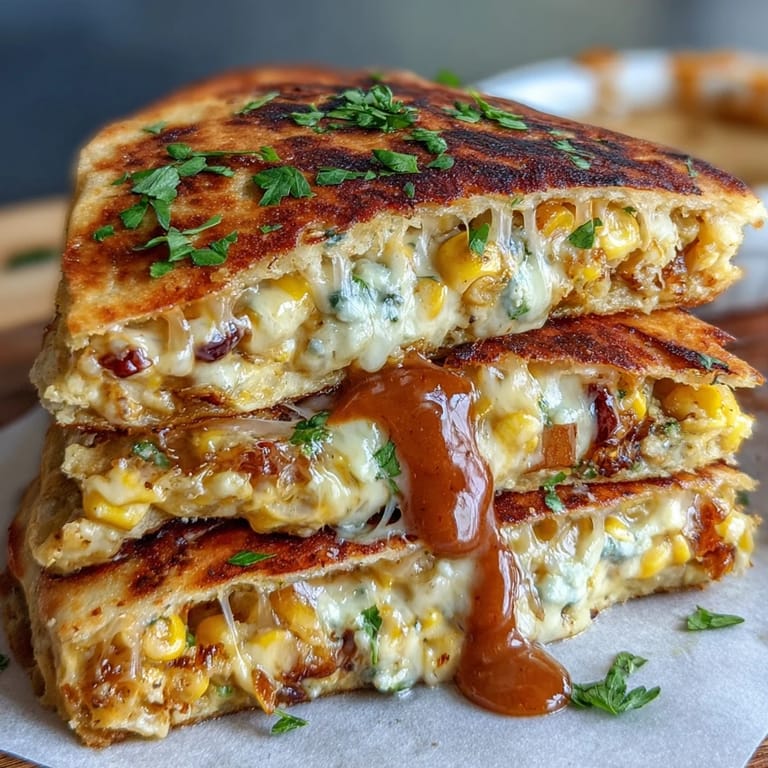 Vibrant quesadillas inspired by Mexican street corn, oozing with Monterey Jack and topped with smoky chipotle crema.