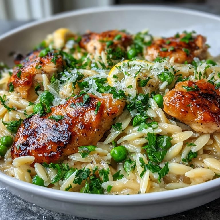 Tender chicken, zesty lemon, and sweet peas in a creamy orzo dish cooked in one pot