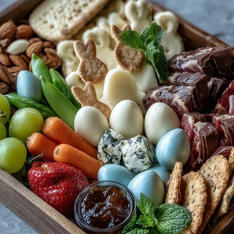 Spring-inspired treat board featuring mini mozzarella, strawberries, and bunny cookies arranged in adorable Easter basket shapes.