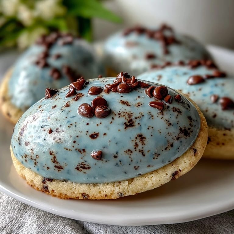 Buttery sugar cookies tinted pale blue, decorated with royal icing and cocoa speckles for a charming robin's egg look.