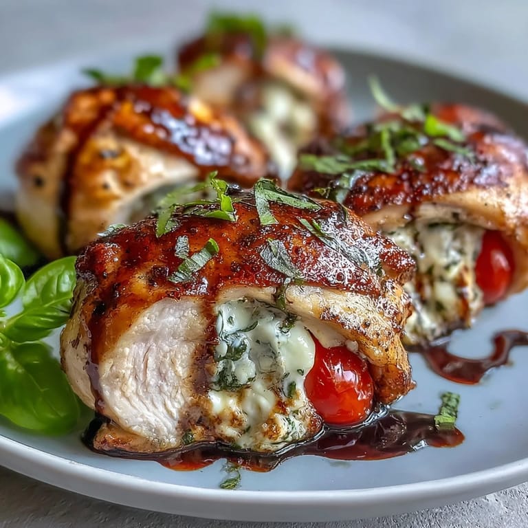 Golden-baked caprese stuffed chicken breast filled with melted mozzarella, juicy tomato slices, and fresh basil, finished with balsamic glaze.