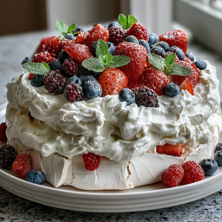 Light and airy pavlova dessert with golden meringue shell, soft marshmallow center, and generous crown of mixed fresh berries and cream.