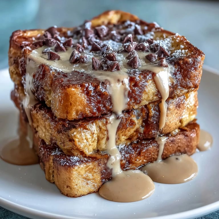 Slices of fluffy, cocoa-infused bread cubes soaked in a rich, high-protein egg mixture, ready for brunch.  