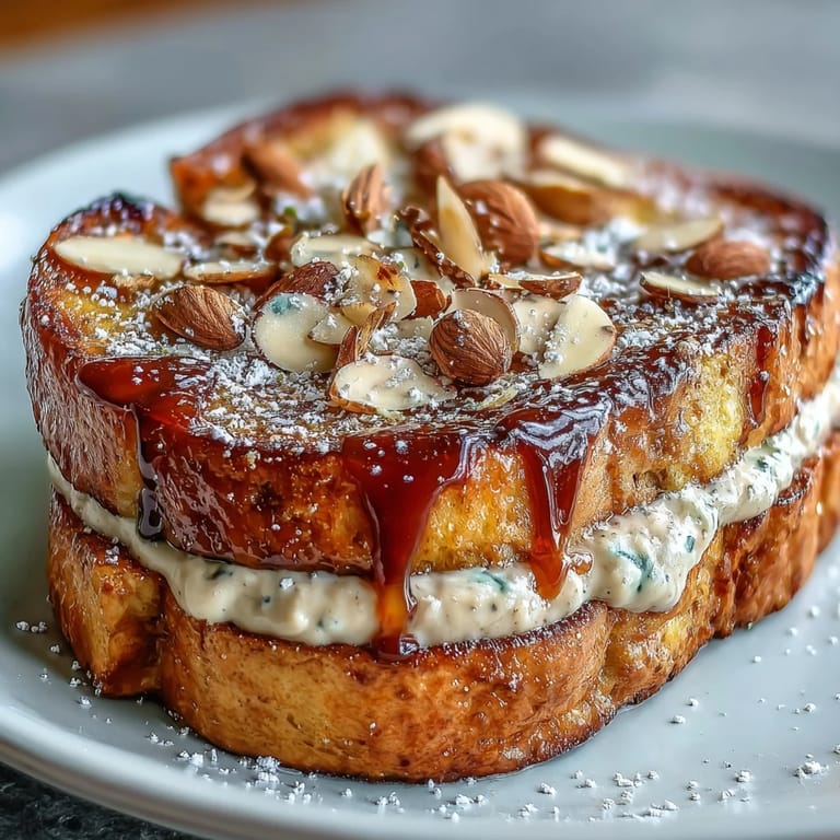 Decadent almond croissant French toast with rich almond cream, crispy edges, and a dusting of powdered sugar for an elegant morning indulgence.