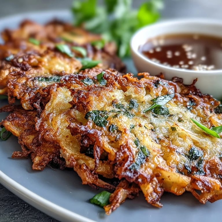Pan-fried kimchi pancakes featuring crisp edges and soft center, perfect appetizer or snack with vibrant colors.