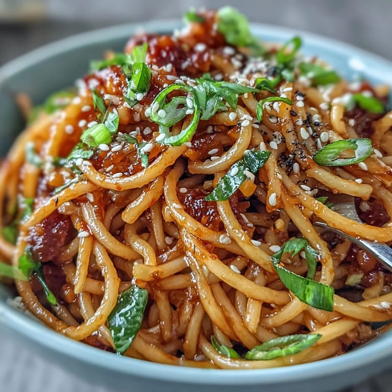Spicy gochujang butter pasta with aromatic garlic, garnished with fresh spring onions and toasted sesame seeds.