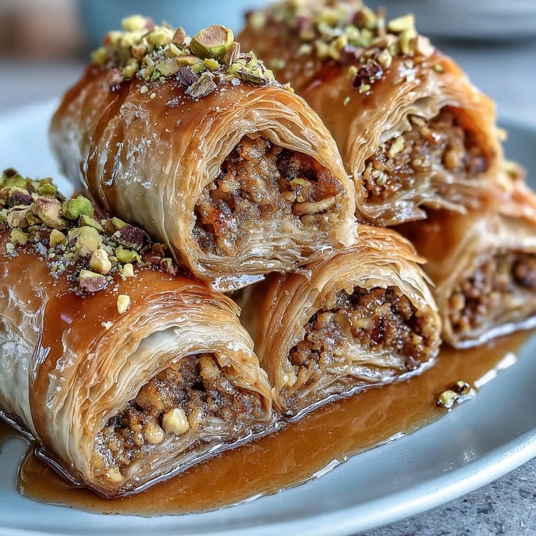 Golden baked pistachio baklava rolls topped with chopped nuts and soaked in sweet citrus-infused syrup for a crunchy, luscious treat.