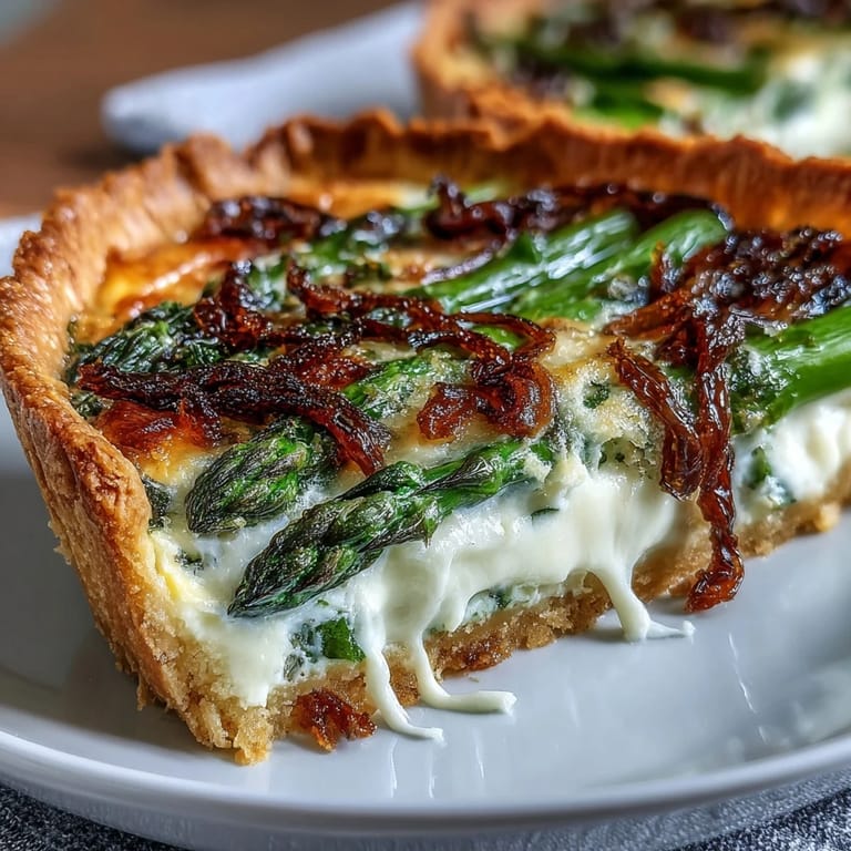 Golden Spring Asparagus Quiche baked to perfection with creamy cheese and tender asparagus spears.
