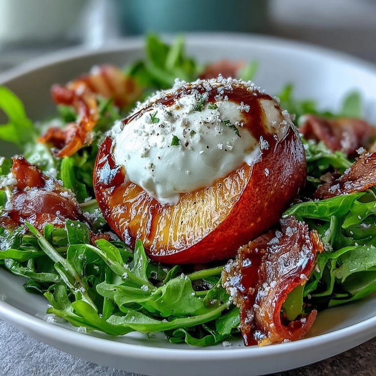 A light, refreshing burrata and peach summer salad drizzled with balsamic glaze.