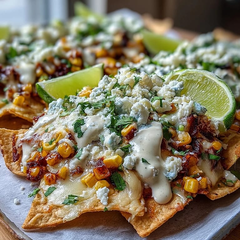 Vibrant Elote Nachos topped with crumbled cotija and fresh cilantro, ready to serve.