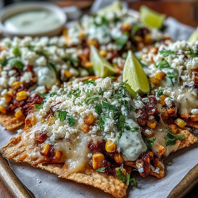Deliciously cheesy Cinco de Mayo Elote Nachos drizzled with spicy chipotle crema.