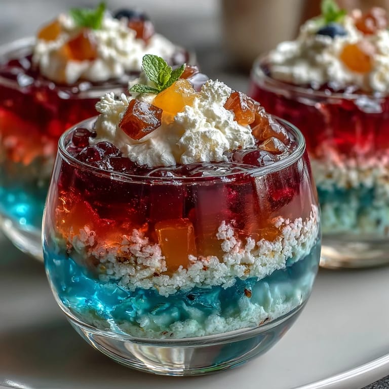 Deliciously chilled agar-agar rainbow jelly cake topped with smooth coconut cream.