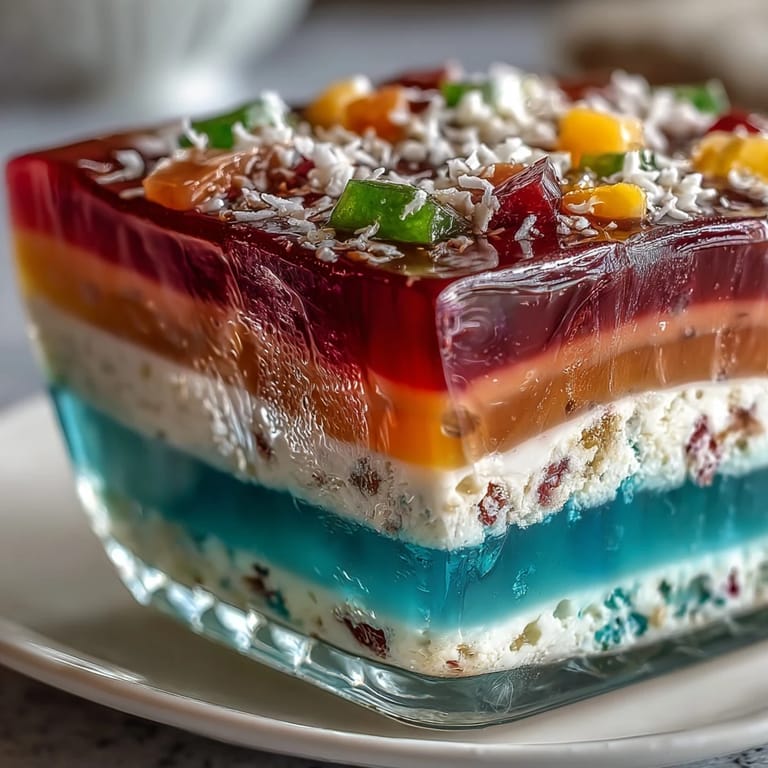Showcases vivid, layered agar-agar rainbow jelly cake, perfect for any celebration.