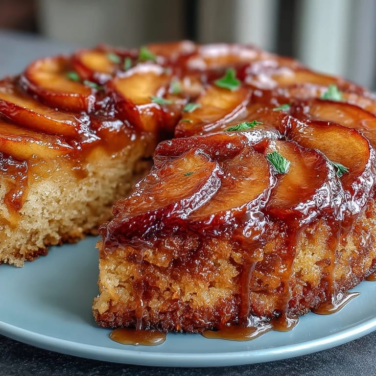 Golden brown sugar peach upside-down cake fresh from the oven, ready to serve.