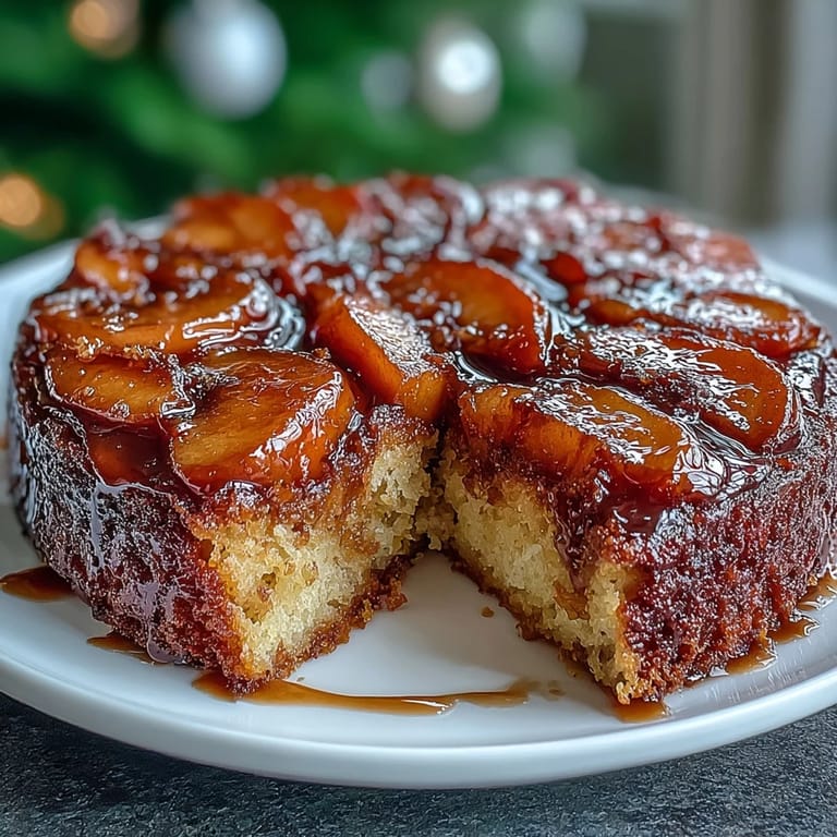 Sweet and tender brown sugar peach upside-down cake ready for a dollop of cream.