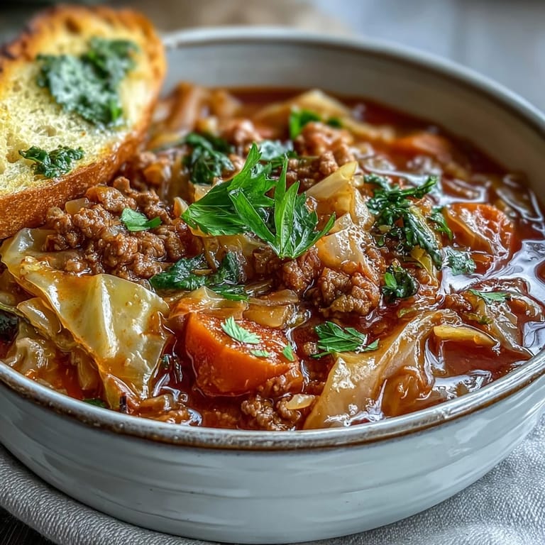 Warm bowl of cabbage roll soup, paired perfectly with golden, buttery garlic toast.