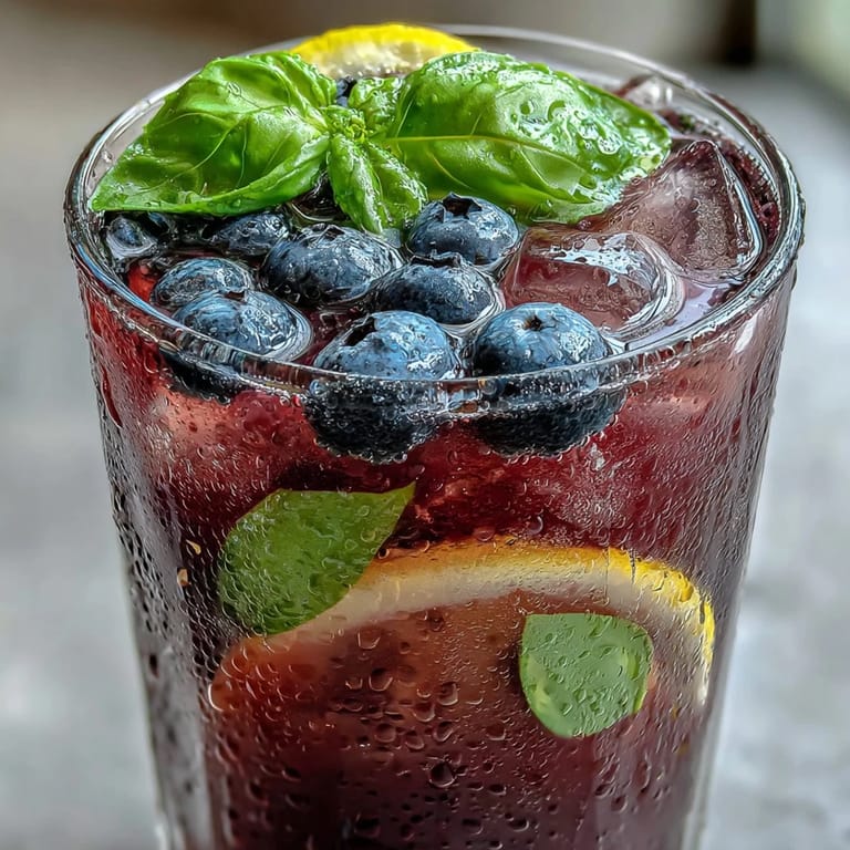 Refreshing blueberry lemon basil lemonade garnished with fresh basil and berries.