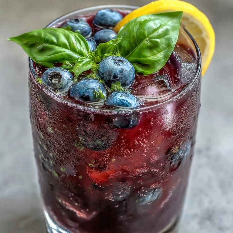 Colorful close-up of homemade blueberry lemon basil lemonade ready to enjoy.
