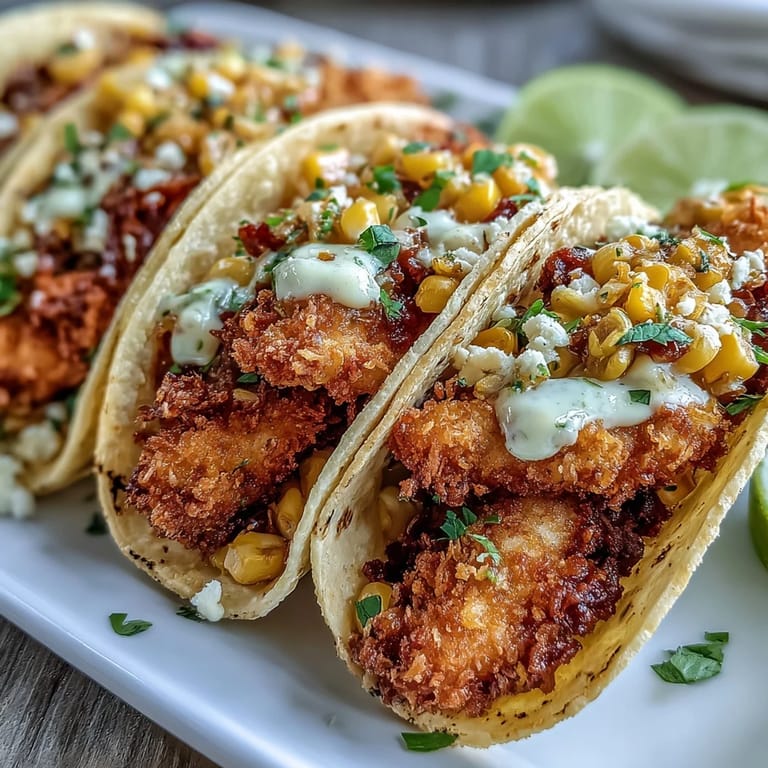 Savory street corn tops our delicious fried chicken tacos with bold flavor.