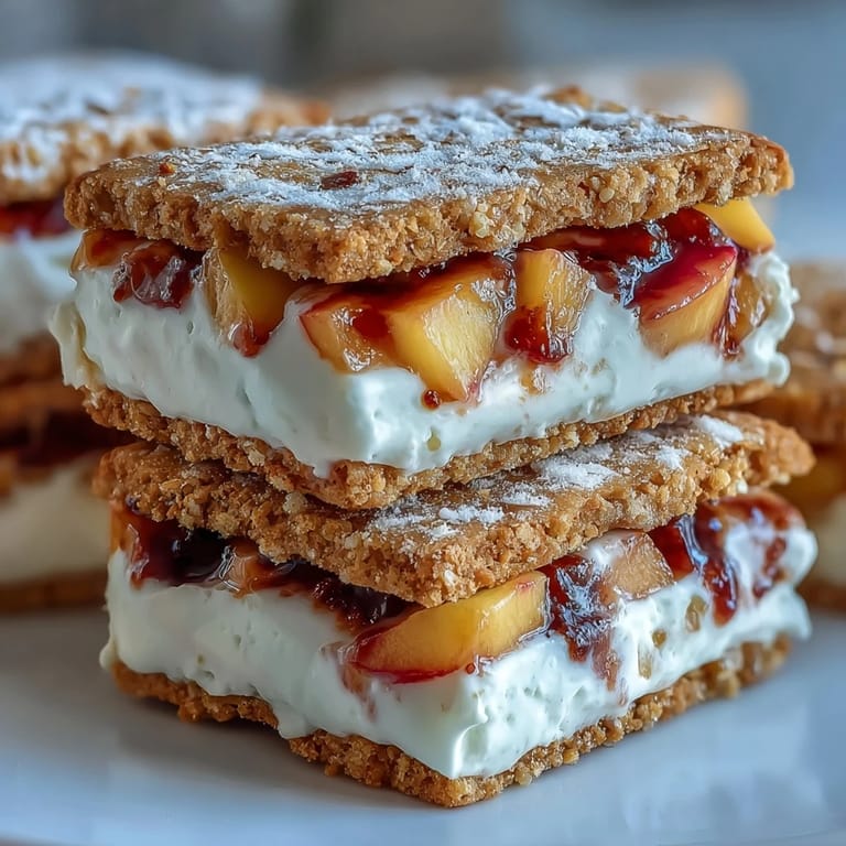 Delicious frozen peach yogurt sandwiches, a perfect easy dessert for a hot day.