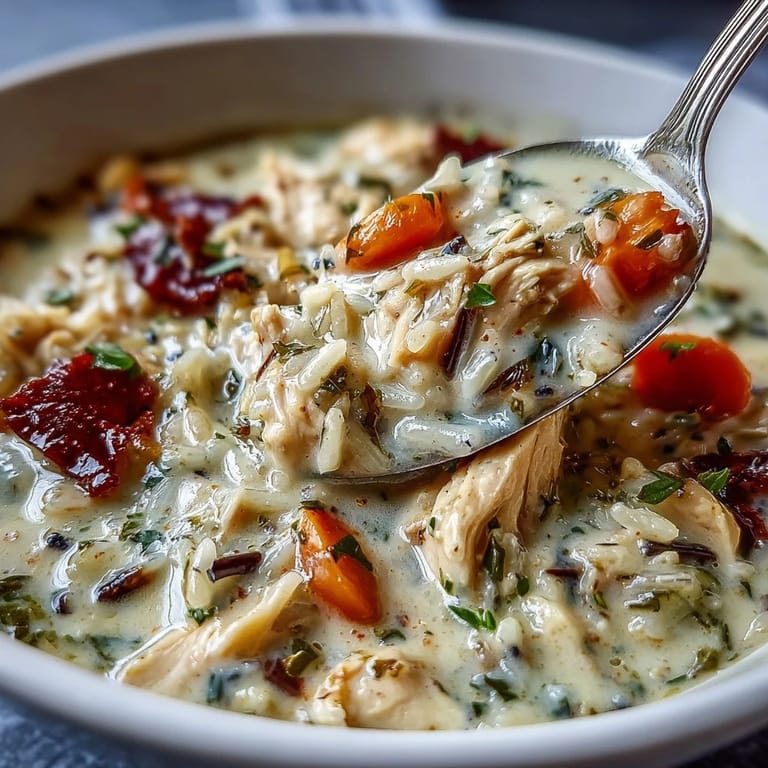 Delicious Creamy Chicken Wild Rice Soup, rich with vegetables and a velvety smooth broth.