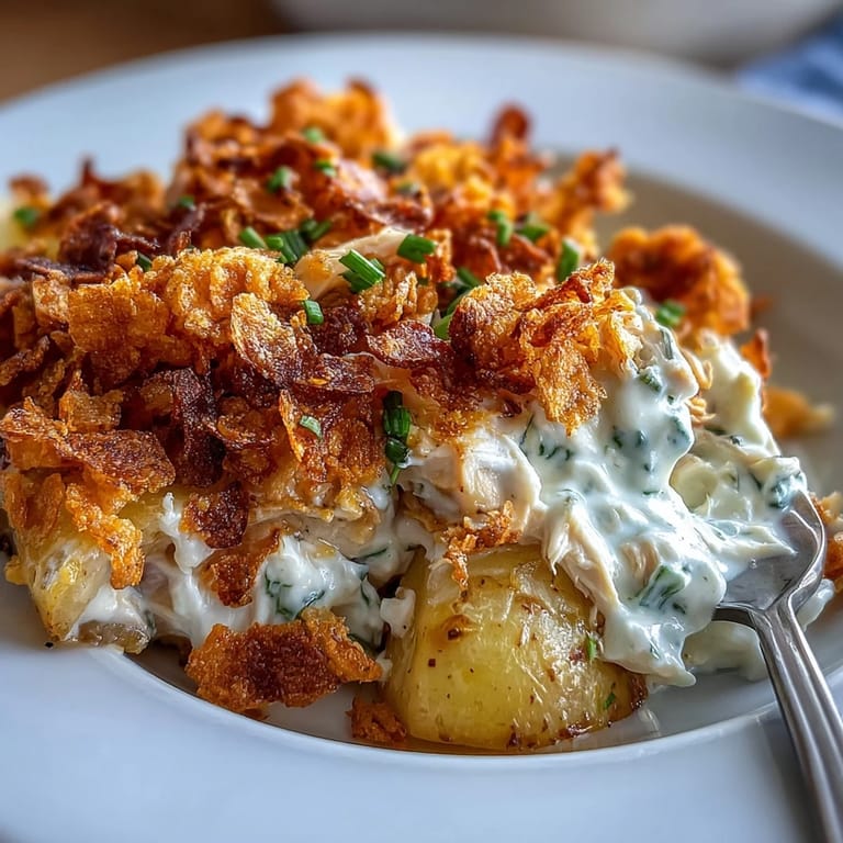Savory Crispy Ranch Chicken Potato Casserole bubbling and delicious for dinner.