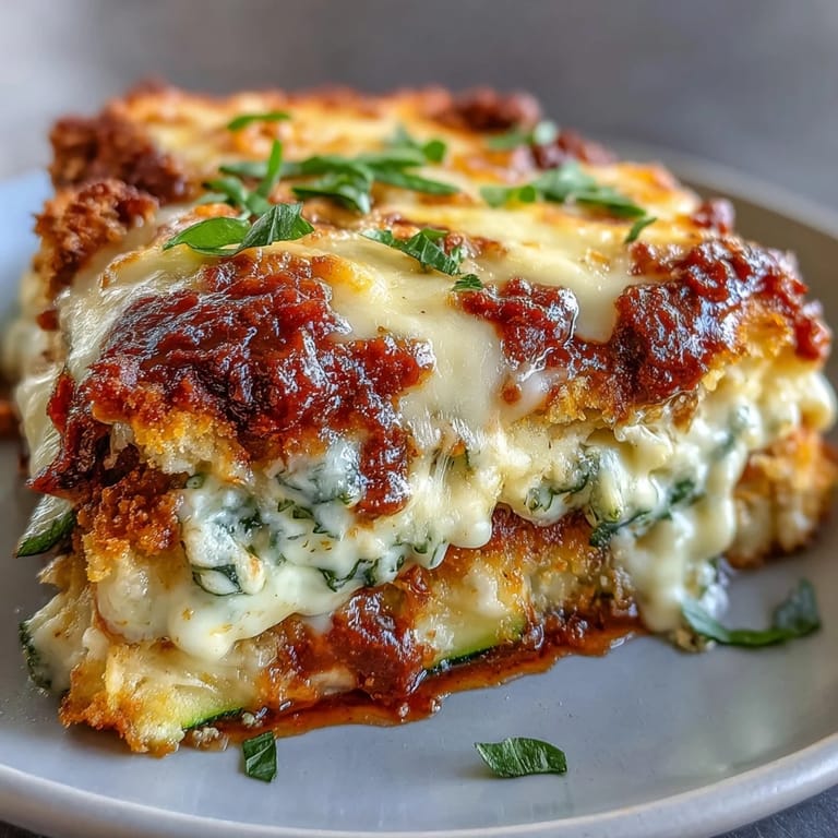 Savory Zucchini Chicken Parmesan Bake topped with crispy breadcrumbs and fresh basil garnish.