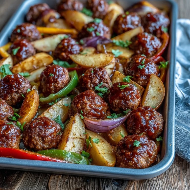 Delicious Apple BBQ Meatball Sheet Pan meal featuring caramelized veggies and glazed meatballs.