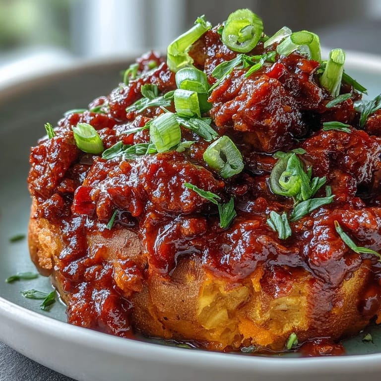 Hearty baked sweet potatoes topped with zesty, classic Sloppy Joe filling.